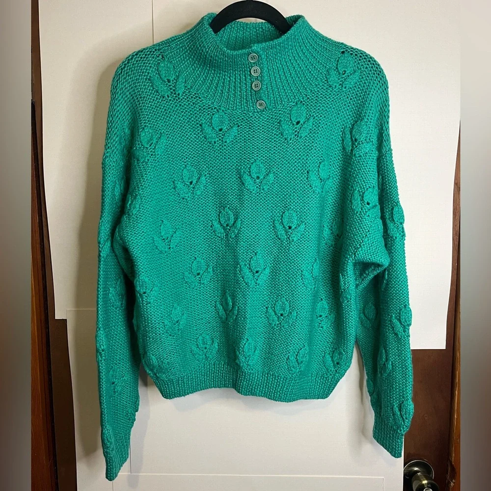 DD Sloane Women’s (VTG L) Teal Wool Blend Knit Pullover Sweater Floral Motif 80s